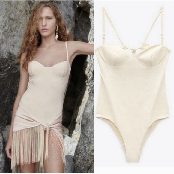 New Zara 0167/030 Braided Straps Cream One Piece Swimsuit NWT Medium - Picture 1 of 6